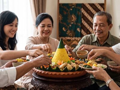 tumpeng, traditional food, family gathering, shared meal, smile, birthday celebration, family, traditional clothing, rice, indonesian cuisine, cultural celebration, cone rice, social event, enjoy, diversity, traditional holiday, household, food festival, help, socially significant