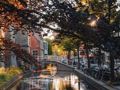 canal, bridge, delft, netherlands, old, architecture, classic, silhouette, nature, trees, sunset, red bricks, historic, cityscape, reflection, romantic atmosphere, tourism, silence, dripping water, summer, charm, historic building