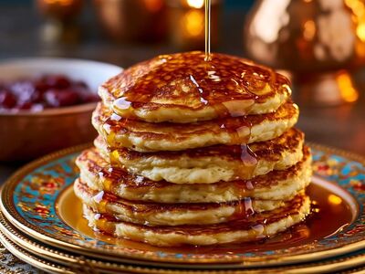 pancakes, maple syrup, breakfast, dessert, warm colors, cozy dining, plate, candles, berries, culinary, food styling, sweet, delicious, gourmet, home cooking, stack of pancakes, festive atmosphere, luxurious tableware, evening lighting