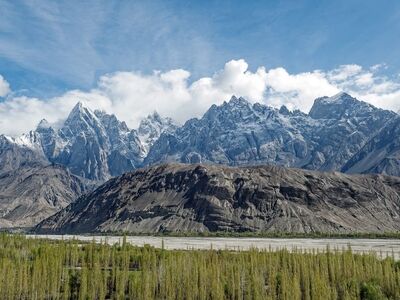 pakistan, gilgit-baltistan, karakoram, mountains, river, snow, nature, landscape, sky, clouds, trees, valley, panorama, beauty, view, adventure, photography, postcard, hiking, tranquility, ecotourism