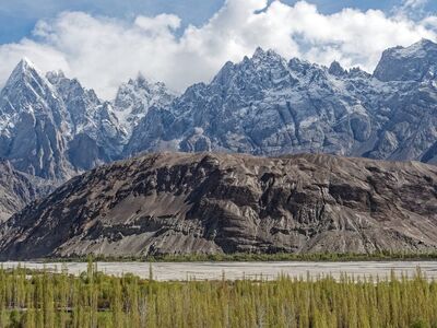pakistan, gilgit-baltistan, mountain, river, karakoram, mountains, snow, landscape, nature, sky, clouds, forest, shyok river, breathtaking, background, mountain formation, haldi cones, rock, beauty