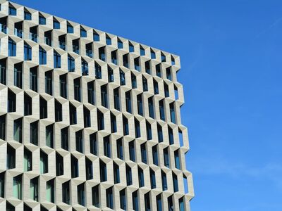 facade, architecture, modern, urban, modular, blue sky, sunny day, abstract, city life, concrete, pattern, geometric, window, office building, metropolis, contemporary, urban landscape, outdoors, sunlight, panorama