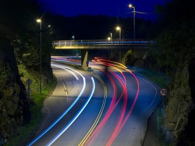 road, night, long exposure, car, lighting, dark, light trails, road bridge, curve, speed, urban landscape, asphalt, movement, modern, highway, car wallpapers, road sign, autumn, outdoor, traffic, adventure