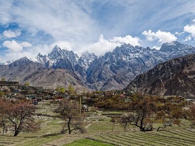 mountains, village, nature, snow, terraced farming, sky, clouds, agriculture, landscape, distant mountains, traditional architecture, national park, environment, northern pakistan, region, highlands, tourism, karakoram, space