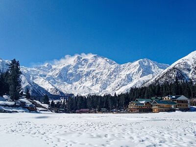 mountain, nanga parbat, snow, nature, forest, himalaya, sky, baltistan, fairy meadows, cabin, house, gilgit-baltistan, winter scenery, hiking, rakhiot peak, blue sky, winter season, tourist destination, enchanting landscape, rural area