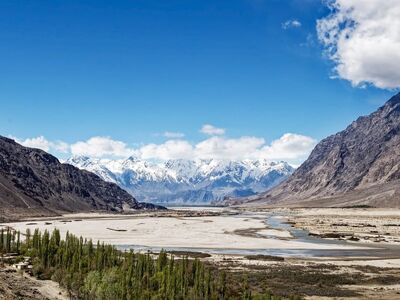 mountain, river, valley, snow, cloud, spring, landscape, blue sky, trees, nature, mountain range, karakoram range, gilgit-baltistan, pakistan, dry riverbed, panorama, scenic, tourism, outdoor