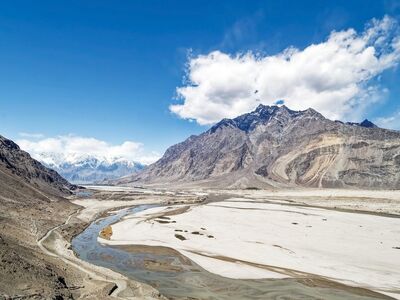 mountains, river, natural, landscape, karakoram mountains, snow, clouds, blue sky, shigar river, sand, riverbed, pakistan, shigar district, desert landscape, rocks, valley, route, adventure