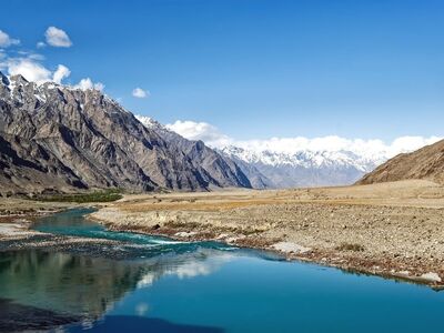 pakistan, river, mountains, snow, nature, blue sky, reflection, karakoram, gilgit-baltistan, autumn, dry valley, tourist destination, cliffs, purple mountains, clear water, hill, flowing water, calm, geology, hiking, remote area