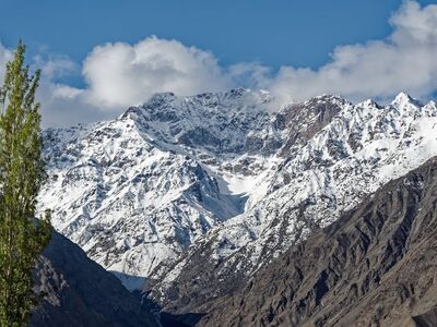 pakistan, gilgit-baltistan, karakoram, mountains, snow, nature, landscape, sky, clouds, tree, fresh green, natural beauty, solitude, peaceful, clarity, view, altitude, asian, wild, calm