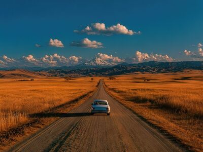 car, road, mountain, landscape, sky, clouds, nature, field, car wallpapers, summer, travel, adventure, solitude, journey, tranquility, lonely, sunset, blue sky, peaceful, endless