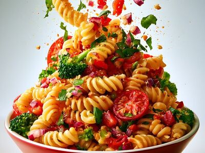 pasta, salad, vegetables, fusilli, tomatoes, broccoli, herbs, fresh, colorful, bowl, food, meal, cherry tomatoes, healthy, cuisine, cooking, grains, healthy lifestyle, food preparation