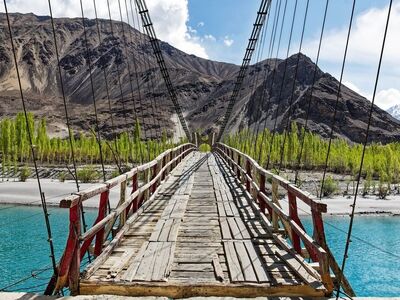 bridge, river, water, mountains, snow, nature, sky, clouds, trees, indus, gilgit-baltistan, karakoram, foliage, wooden, tourist, crystal-clear, reflection, beauty, sand