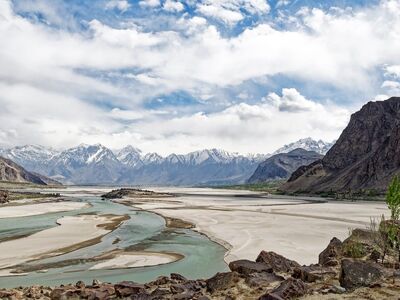 pakistan, gilgit-baltistan, shigar, river, karakoram, mountains, snow, nature, riverbed, clouds, sand, thematic landscape, sky, earth, valley, panorama, hiking, travel, adventure, comfort