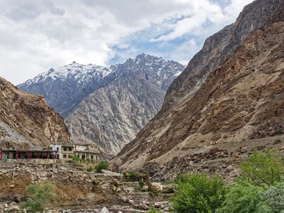 pakistan, gilgit-baltistan, mountains, snow, valley, river, sky, cloud, houses, nature, landscape, picturesque, canyon, desert, touristic, explore, high, buildings, traditional
