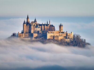 castle, hohenzollern, fog, sun, nature, dawn, landscape, mountains, historic, misty, king, stone, architecture, fortress, tourism, europe, wind, castle on a hill, panorama, castle in fog