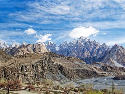 mountains, sky, river, glacier, balistan, clouds, hunza river, passu cones, landscape, karakorum, pakistan, batura, karakoram mountains, rock formations, snow, gojal, nature, mountain peaks, canyon, trees