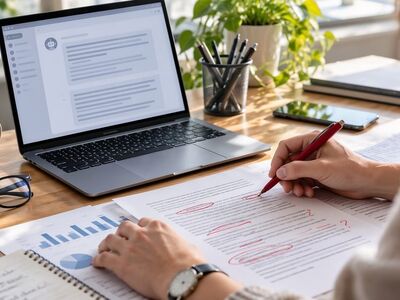office, desk, document review, editing, laptop, paperwork, productivity, proofreading, critical thinking, technology, red pen, document, workspace, artificial intelligence, people, green plant, business environment, handwritten notes, data analysis, human oversight role