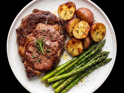 steak, beef, food, dinner, asparagus, potatoes, vegetables, grilled, fresh, cooking, protein, spiced, roasted, plate, delicious, flavorful, nutritious, garlic, rosemary, classic