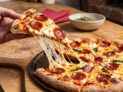 pizza, pepperoni, cheese, pizzeria, food, restaurant, lunch, dinner, slice, fresh, tomato sauce, tasty, crispy, baked, italian, traditional, wooden background, handheld, baking, outdoor meal, herbs, ai generated