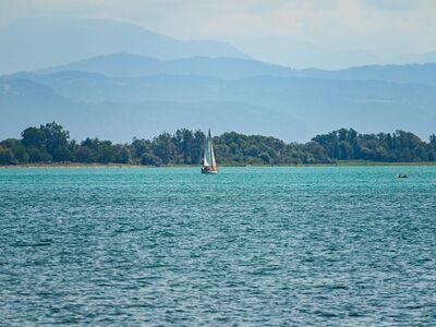 lake constance, friedrichshafen, germany, sailboat, nature, landscape, sailing, lake, haze, blue water, coastline, island, recreation, reflection, summertime, calm, purity, telescope, relaxing