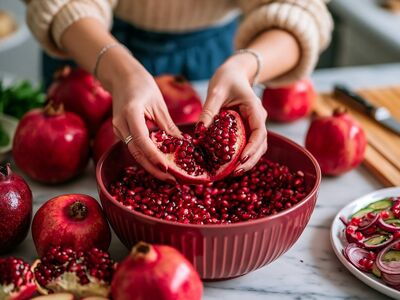pomegranate, seeds, bowl, kitchen, preparation, healthy meals, bright, ingredients, cooking, harvest, fruit, hands, chopping, vibrant, kitchen tools, red, colorful food, fresh, vegetarian, natural