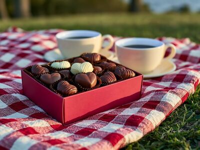 chocolate, red box, picnic blanket, coffee cups, outdoor scene, dessert, snacks, romantic setup, gifts, valentine's day, sweet treats, food, picnic, tabletop, heart shape, park, afternoon snack, tea time, relaxation, natural environment