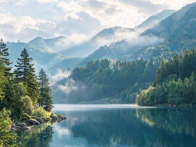 lake, mountains, nature, mist, blue sky, reflection, tranquility, sunset, contemplation, winter, trees, calm water, landscape, green, hiking, adventure, tourist attraction, panorama, forest, central europe, hiking trail