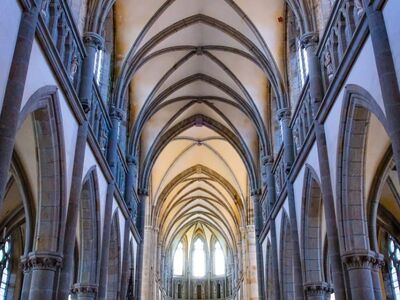 cathedral, gothic architecture, church interior, vault, pointed arches, columns, altar, church windows, stained glass windows, sacral building, historic church, architectural details, nave, religious architecture, medieval architecture, pews, stone church, sanctuary, lighting, buttress system