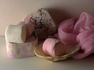 pink, white, marshmallow, decorative tin, empty shell, pink silky scarf, candy, powder pink, soft texture, romantic, shell, gift, silk, dessert, ornate, gentle, artistic, natural, light pink