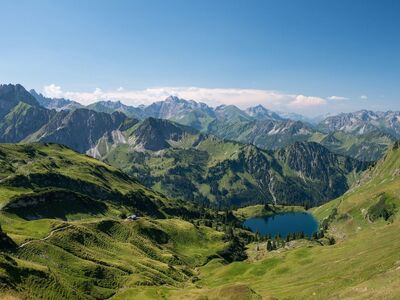 mountains, lake, alps, green, sky, nature, panorama, hiking, view, summer, clouds, valley, meadow, idyll, horizon, alpine, cirque, geology, nature reserve, landscape