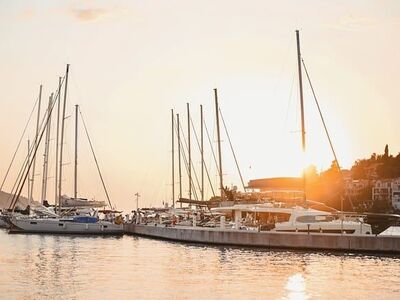 harbor, yacht, sunset, boat, ocean, sailing, sea, ships, anchoring, sky, marina, summer, seascape, calm, nature, recreation, small boats, bright light, horizon, real estate, holiday