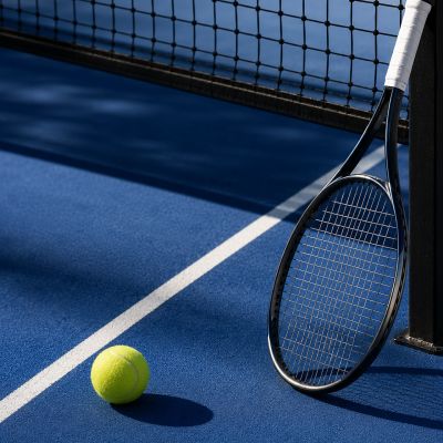 racket, tennis ball, blue court, net, court, sport, tennis, bright yellow, outdoor, tennis equipment, sports equipment, sunny weather, hobby, relaxation, activity, recreation, physical activity, fun, active lifestyle, playing field, surface