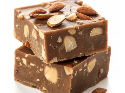 caramel, almonds, fudge, nuts, chocolate, dessert, sweet, chocolate candies, treats, homemade goods, baking, sweets, milk chocolate, tasting, confectionery, caramel cubes, fresh, treat, cubes, white background, delicious