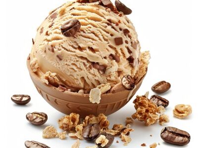 ice cream, coffee, chocolate, coffee ice cream, caramel, nut, vanilla, scoop, dessert, granola, treat, sweetness, dairy ice cream, crunchy dessert, peanuts, milk chocolate, baked goods, cold treat, whisking, aroma, shredded coconut