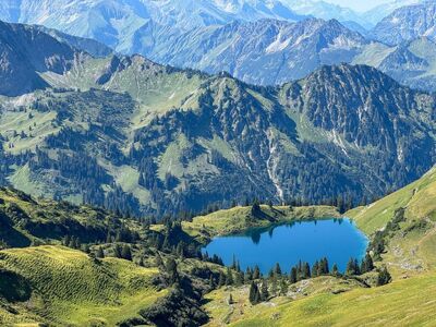 mountains, lake, alps, panorama, nature, hiking, meadows, tranquility, travel, view, zeigersattel, clear water, silence, landscape, hiking trail, horizon, seealpe, sunshine, peak, blue lake, serenity