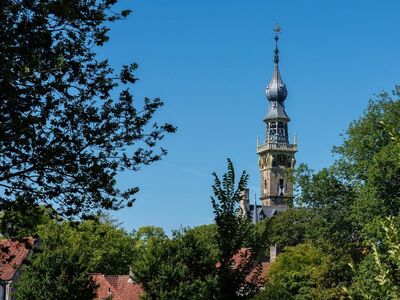 tower, trees, historical, blue sky, summer, architecture, church, bell tower, foliage, old building, nature, panorama, garden, outdoor scene, red roofs, czech style, culture, city, tourism, bell