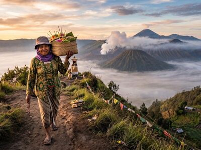 indonesia, java, bromo, batik, culture, tradition, daily life, devotion, offerings, ritual, volcano, active volcano, sunrise, mist, landscape, nature, terraced fields, travel, authentic, terrace