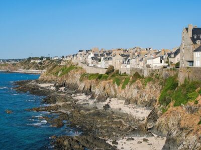 granville, coastal town, rocky coast, beach, sea, normandy, france, old town, stone houses, summer, travel, landscape, blue sea, nature, european city, tourist destination, summer vacation, coastal walk, sunny weather, historical architecture, hiking