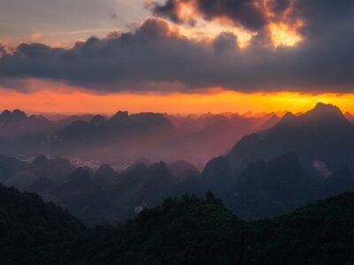 sunset, mountains, nature, landscape, vietnam, clouds, mountain rock, east, forest, misty, dawn, central, unusual, edge, beautiful, lacy, silhouettes, distant view
