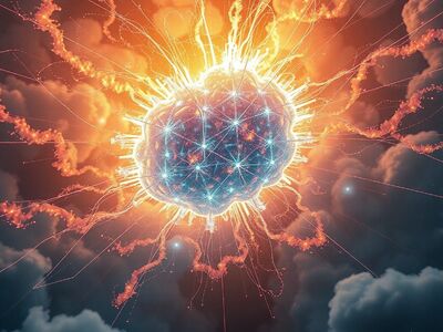 artificial intelligence, neurons, network, explosion, light, creativity, energy, future, thinking, electric, clouds, blue, orange, science, nature, modern, optical, computer, digital, interaction, innovation
