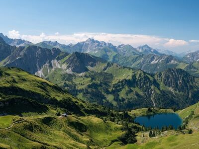 mountains, lake, panorama, nature, landscape, alps, allgäu, meadows, summer, germany, nebelhorn, foothills, ridge, hiking, tranquility, recreation, trekking, travel, view