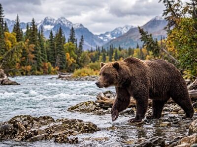 bear, nature, animal, mammal, predator, wildlife, river, forest, autumn, mountain landscape, wilderness, trees, hiking, adventure, tranquility, ecosystem, riverbank, tree, wild, golden leaves