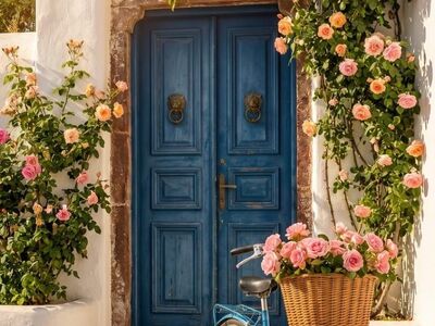 bicycle, roses, beautiful flowers, blue door, white walls, mediterranean, greece, summer, sunlight, charming, picturesque, flowers, basket, pink, architecture, traditional, flower background, flower wallpaper, idyllic, outdoor, nature, travel, terrace, vintage