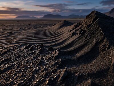 black sand, beach, sunset, volcanic, dunes, wavy pattern, golden light, landscape, travel, iceland, ocean, sand texture, sparkling, nature, summer evening, calm, scenery, natural beauty, sandy surface, tide