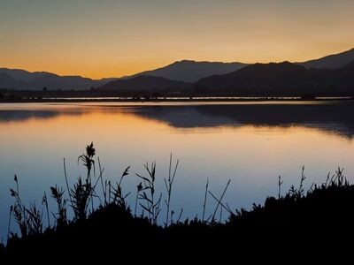 sunset, lake, nature, reflection, mountains, water reflection, shadows, calm, twilight, wooded area, evening landscape, clear water, peaceful atmosphere, strong silhouette, panorama, dark outline, landscape painting, evening sky, breathtaking view