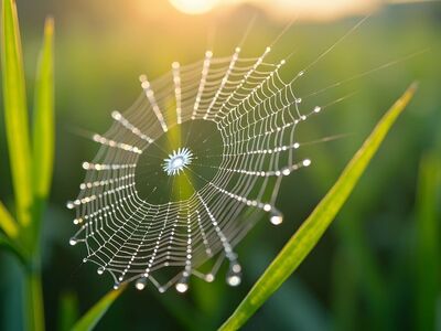 spiderweb, dew drops, water droplets, color effects, nature, morning light, macro photography, insects, green grass, light effect, close-up, outdoor, dew, dawn, natural beauty, sun, summertime, clarity, nature scene