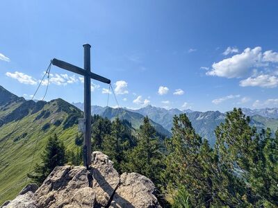 cross, mountain, alps, nature, view, summer, hiking, mountains, christian, blue sky, summit, green, water, rock, tree, central europe, war, panorama, excursion