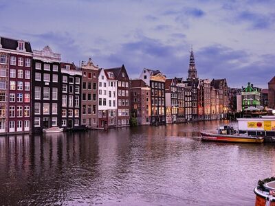 amsterdam, netherlands, canals, architecture, historic buildings, evening, waterfront, boat, reflections, postcard, tourism, city, house, canal architecture, boats, colorful buildings, landscape, scenic environment, tourist attraction