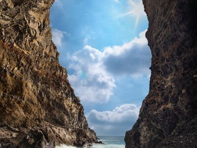 cave, sea, geology, adventure, water, fantasy, exploration, rocks, mysterious, hut, shore, sky, light, landscape, rock formation, current, nature, dwelling, shack, cliff