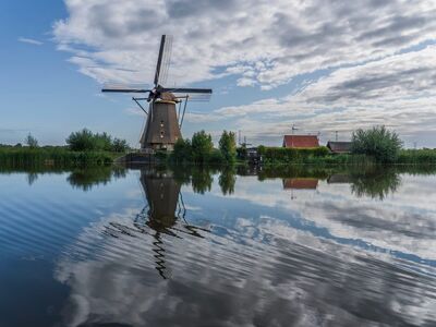 windmill, holland, netherlands, canal, water, reflection, clouds, landscape, architecture, nature, travel, tourism, dyke, green, water reflection, village, peace, relaxation, europe